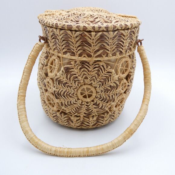 Handmade Woven Pine Straw Basket Purse 10x7 Wood Bottom Retro Boho VTG EUC - Picture 5 of 13